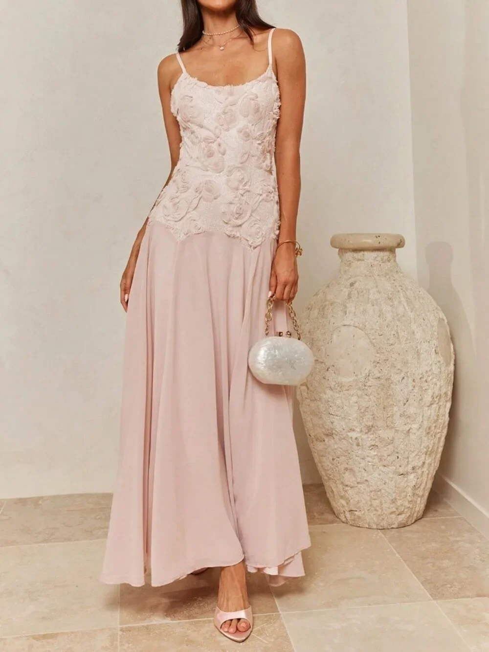 Pink Elegant Women's Floral Embroidered Camisole Mermaid Dress